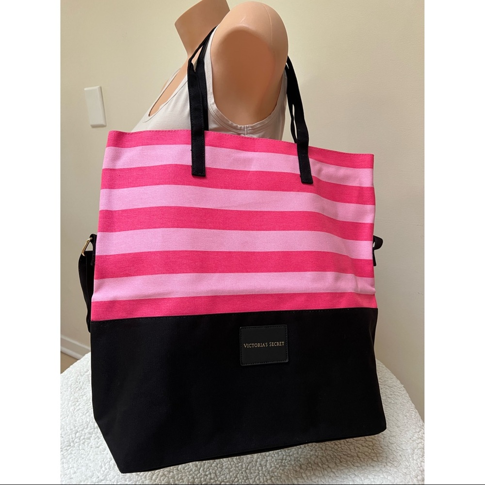 Victoria’s Secret Canvas Black Pink Striped Multi Handle Tote Bag - Picture 7 of 7